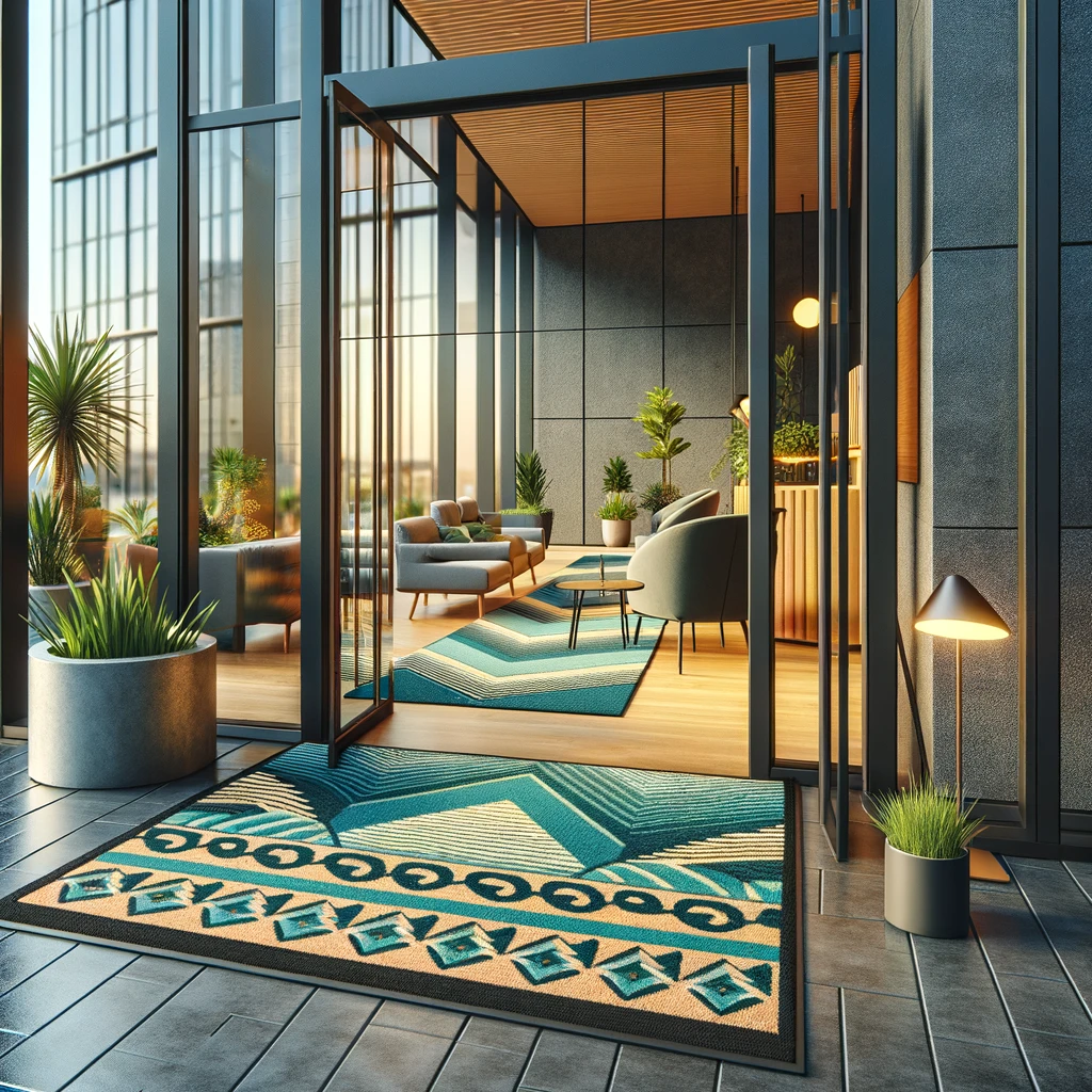 A vibrant, welcoming entrance of a modern business office with branded mats
