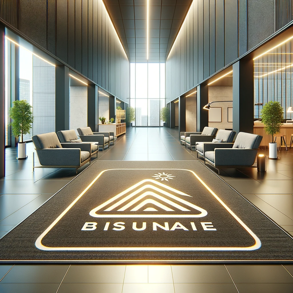 Create an image that represents the concept of custom and branded mats in a corporate environment