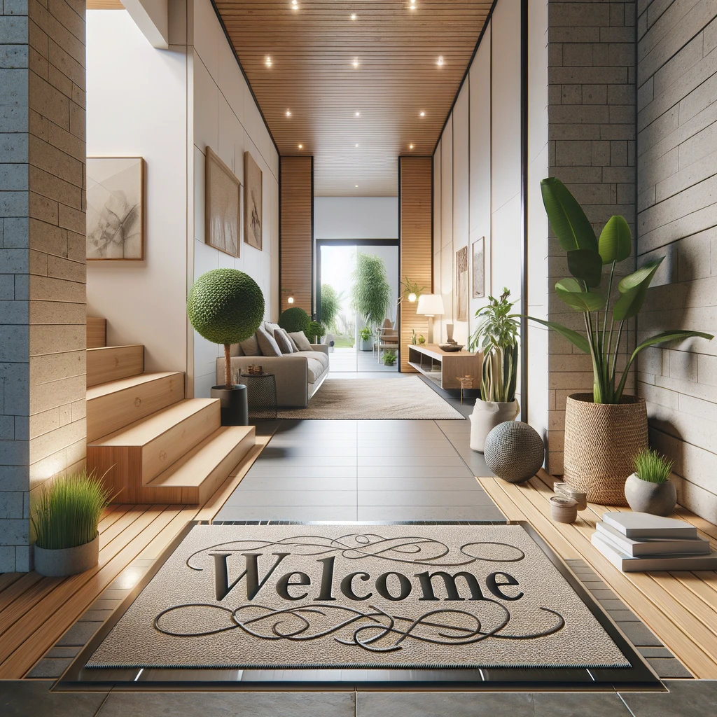 co-friendly home entrance with a stylish mat