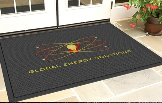 Branded digi mat with rubber scraper surface for trapping dirt at entrances