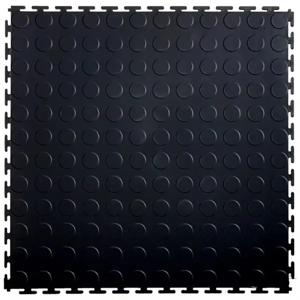 Black interlocking garage mat with studded surface for heavy-duty flooring