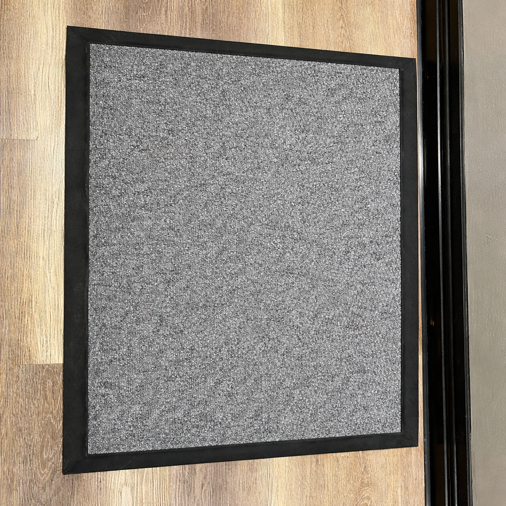 Plain grey entrance mat with black rubber border