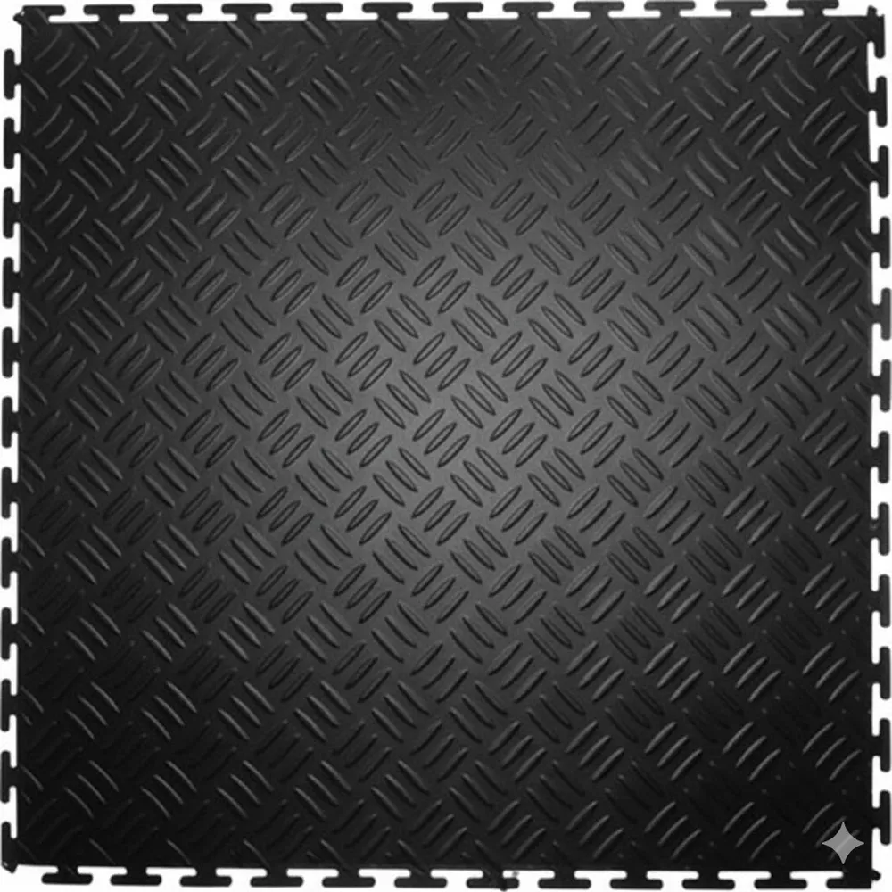 Black interlocking workshop floor tile with diamond-plate texture and edging border