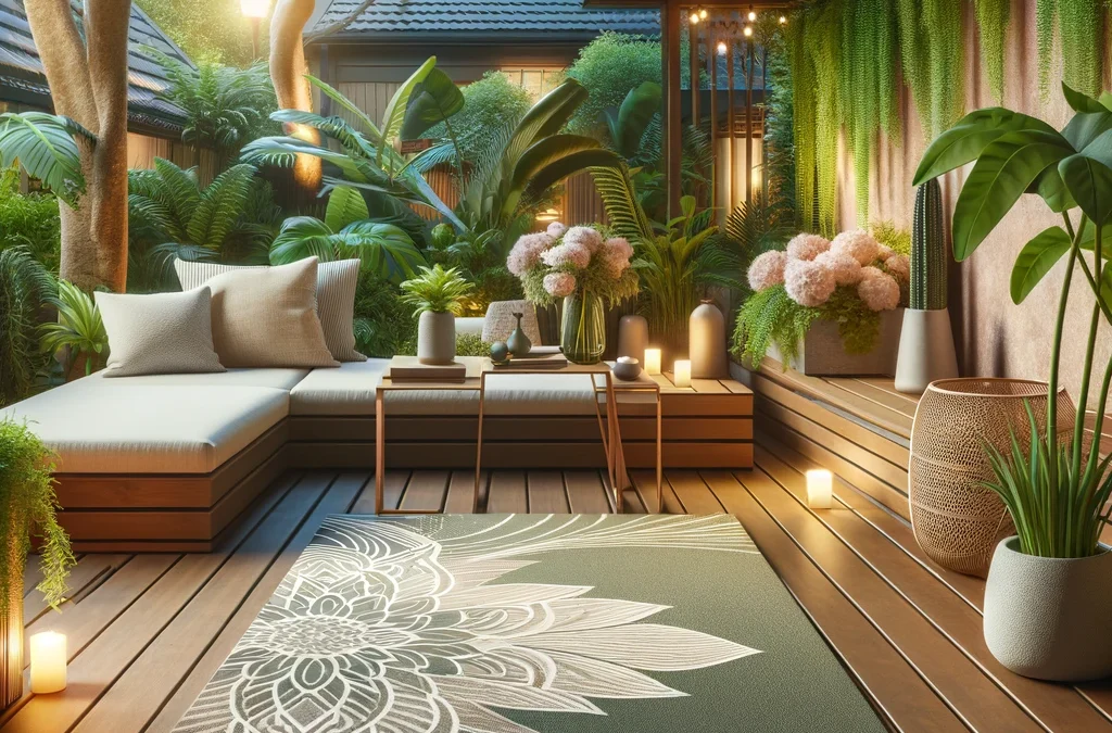 Decorative outdoor floor mat on a modern patio with plants and seating