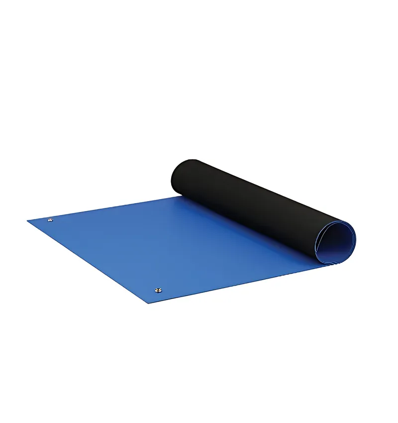 Blue and black anti-static ESD mat roll for electronics workstations